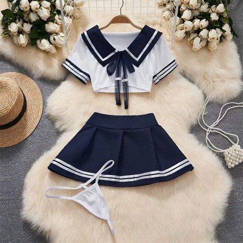 Disfraz Halloween Navidad Cosplay Preppy Traje Marinero Encaje Lazo Top A Rayas Falda Plisada Lencería Sexy Estudiante Mujer