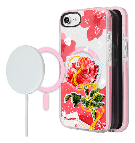 Funda Magsafe iPhone Para Mujer Corazones Flor Con Tu Nombre