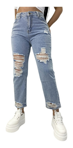 Pantalon Mom Jeans De Mujer Destroyed Rigido Hq3381
