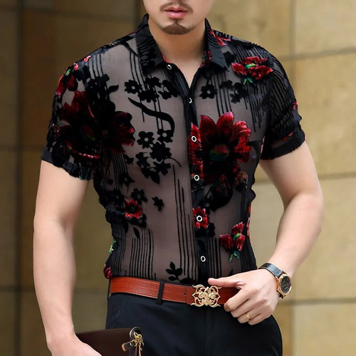 Camisa De Manga Curta Chemise Flower Velvet Camisa Masculina