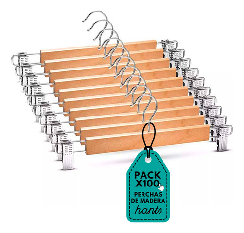 Pack X100 Percha 34cm Por Mayor De Madera Con Ganchos Broches Para Pantalon Polleras Organizador De Hogar