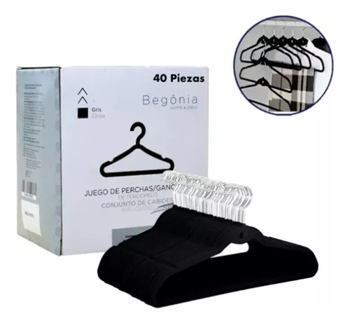 Set De 40 Ganchos Para Ropa Terciopelo Negro Antideslizante