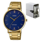 Reloj Casio Acerado Clásico Mtp-vt01g-2budf Color De La Correa Dorado Color Del Bisel Dorado Color Del Fondo Azul