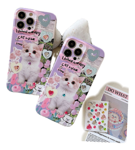 Tikafunda Gatito Para iPhone 12/13/14 Plus Pro Con Pegatina