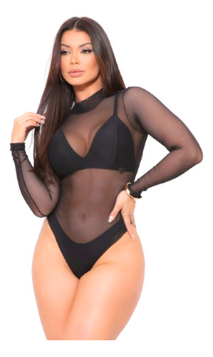 Body Preto Tule Manga Longa Transparente Sexy Moda Gringa