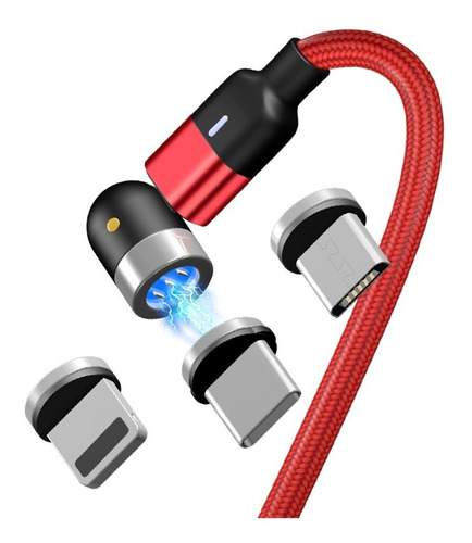 Cable Usb 3en1 Magnético Carga Rápida+ Datos+ Giratorio540° Color Rojo 1m