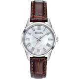 Reloj Bulova Classic Dress 96l271 Original Dama Color De La Correa Café Color Del Bisel Plateado Color Del Fondo Blanco