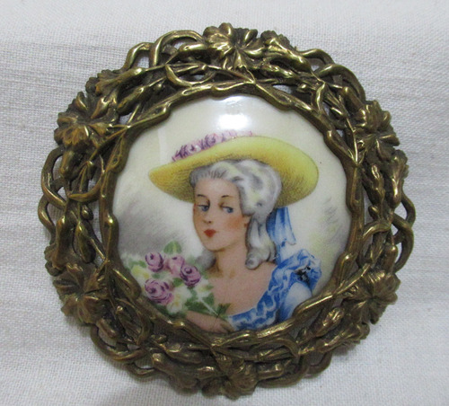 Portarretrato Dama Miniatura Porcelana Limoges Con Broncería