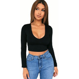 Camiseta Corta Ajustada Crop Top Color Liso De Moda Mujer