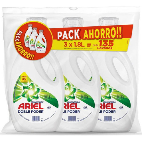 3 Botellas Detergente Líquido Ariel Concentrado Doble Poder 