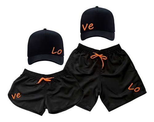 Kit Casal Moda Praia Tactel Short Bermuda Boné Iguais Love 