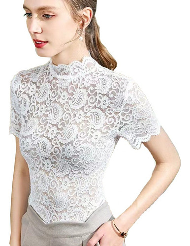 Blusa De Manga Corta Con Cuello De Encaje Hueco De Encaje