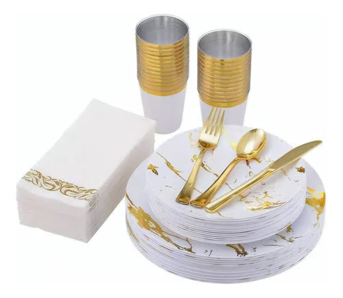 Vajilla Desechables Elegantes,set Marmol Blanco/dorado 175pz