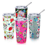 4 Vasos De Cafe De Calavera De Azucar Con Tapas Y Pajitas, T