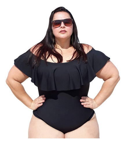 Body Maiô Plus Size Gg Preto Em Suplex Babado Ciganinha