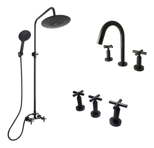 Juego Grifería Columna Ducha Lavatorio Bidet Lamy Black 