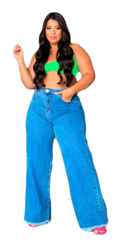 Calça Jeans Wide Leg Pantalona Plus Size Clara Rasgada