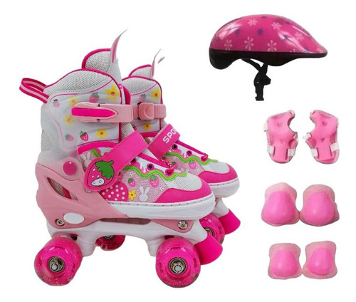 Patins 4 Rodas Roller Infantil Moranguinho Ajustável C/leds