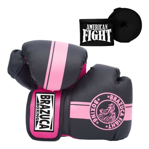 Kit Boxe Muay Thai Luva Bandagem Brazuca Rosa E Preto - Top