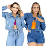 Kit 2 Jaqueta Jeans Feminina Curta Da Moda Botão Encapado