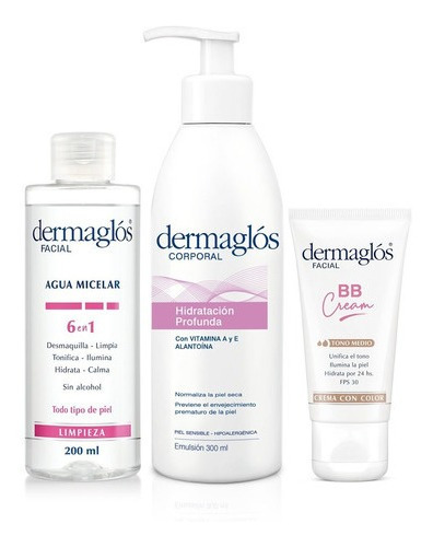 Kit Dermaglós Agua Micelar + Emulsión Corporal + Bb Cream Tm