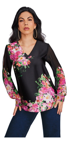 Blusa Negra Con Estampado De Flores 965-42