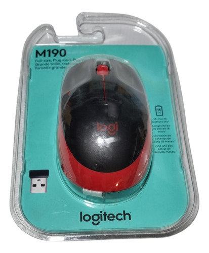 Mouse Inalambrico Logitech M190 Tamaño Grande Negro Rojo 