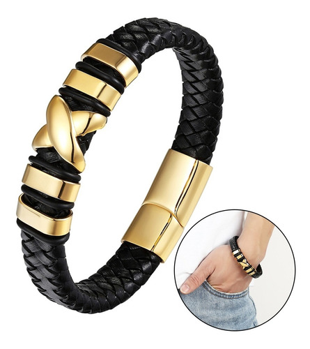 Bracelete Pulseira Masculina Couro Aço Inoxidável Banhada