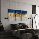 Conjunto 3 Quadro Mosaico Dourado Azul Moderno 120x60 Tecido