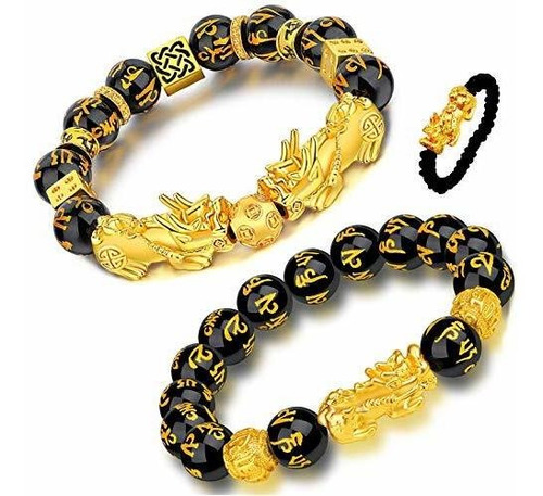 2 Piezas De Feng Shui Riqueza Negro Obsidiana Pulsera D...