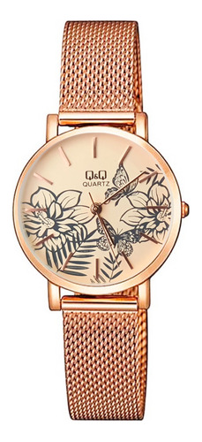 Reloj Q&q Qyq Elegante Flowers Acero Oro Rosa + Estuche Dama