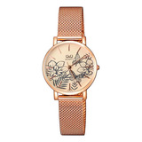 Reloj Q&q Qyq Elegante Flowers Acero Oro Rosa + Estuche Dama