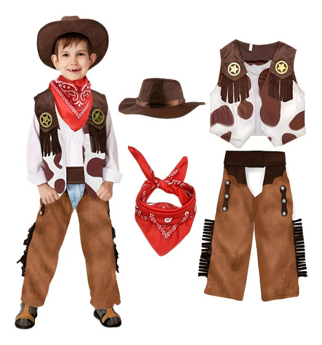 Disfraz De Vaquero Infantil Para Niños, Conjunto De Disfraz De Vaquero De Estilo Western Para Fiesta De Halloween (3-9 Años)