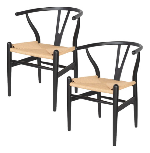 2 X Sillas De Madera Wishbone Asiento De Cuerda -nat/negro