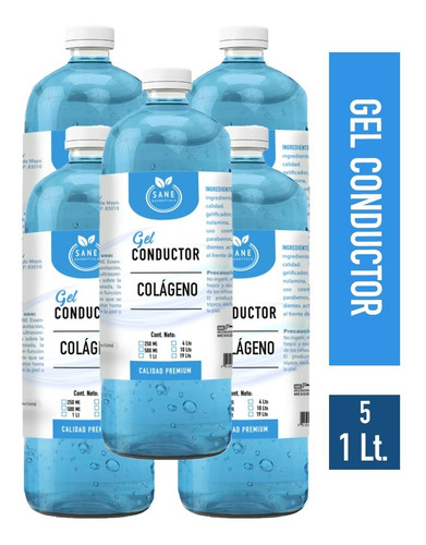 5 Pzs Gel Conductor Con Colágeno Facial Y Corporal 1 Litro