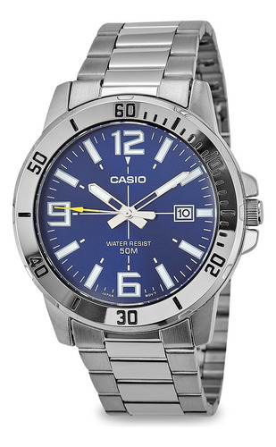 Relógio Casio Collection Masculino Prata Mtp-vd01d-7evudf-br Cor Da Correia Prateado Cor Do Bisel Prateado Cor Do Fundo Azul