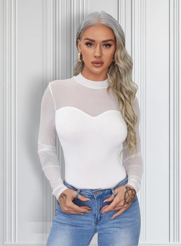 Blusa Unicolor Con Malla Para Mujer