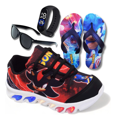 Kit Tenis Infantil Sonic Shadow Led Chinelo +relogio +oculos