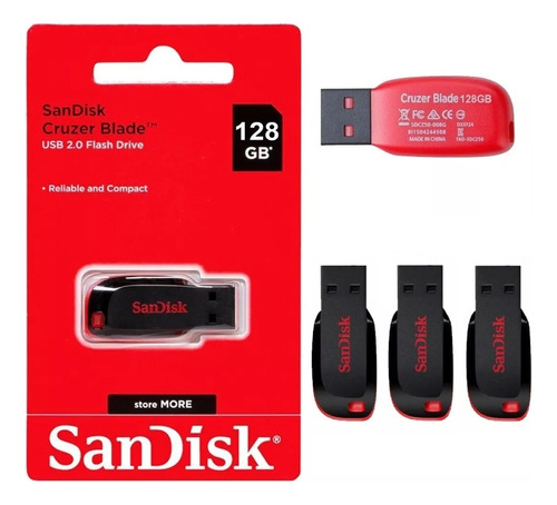 3 Pen Drive Sandisk Usb 128gb Cruzer Lâmina 2.0 Flash Drive 