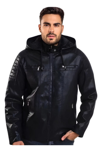 Jaqueta Slim Couro Grossa Moto Impermeável Masculina Preta