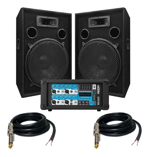 Combo 2 Bafles 15 Consola Potenciada 200w Bluetooth Cables