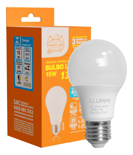 Lâmpada Led Eco 15w Soquete E-27 Bulbo A60 Branco-frio 6500k Bivolt Llumm Bronzearte