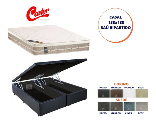 Colchão Castor Casal Firme + Cama Box Baú Bipartida 138x188 