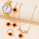 Juego De Joyas Set Girasol Collar Aretes Anillo Pulsera 