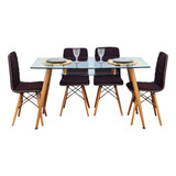 Juego Comedor Mesa Vidrio Y Haya + 4 Sillas Eames Tapizadas