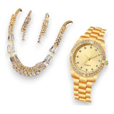 Set Reloj Dorado Con Collar  Y Aretes Kawaii Pedreria 