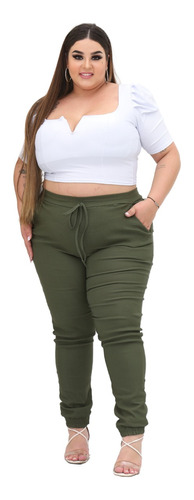 Calça Feminina Plus Size Jogger Bengaline Cintura Alta Verde