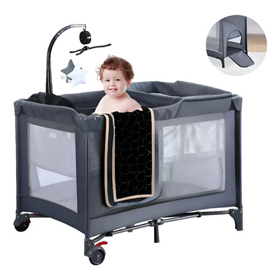 Cuna Corral Bebé Colecho Plegable Con Cambiador Y Ruedas Color Gris oscuro Diseño de la tela Liso | Envío gratis