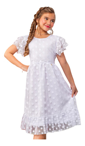 Vestido Infantil Emilly Tule Poá Branco