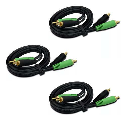 Kit Com 3 Cabos Rca 1 Metro 1m 5mm Preto Blindado - Tech One